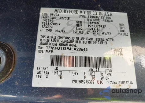 2004 Ford Expedition Eddie Bauer from USA, damaged, VIN 1FMFU18L94LA29645